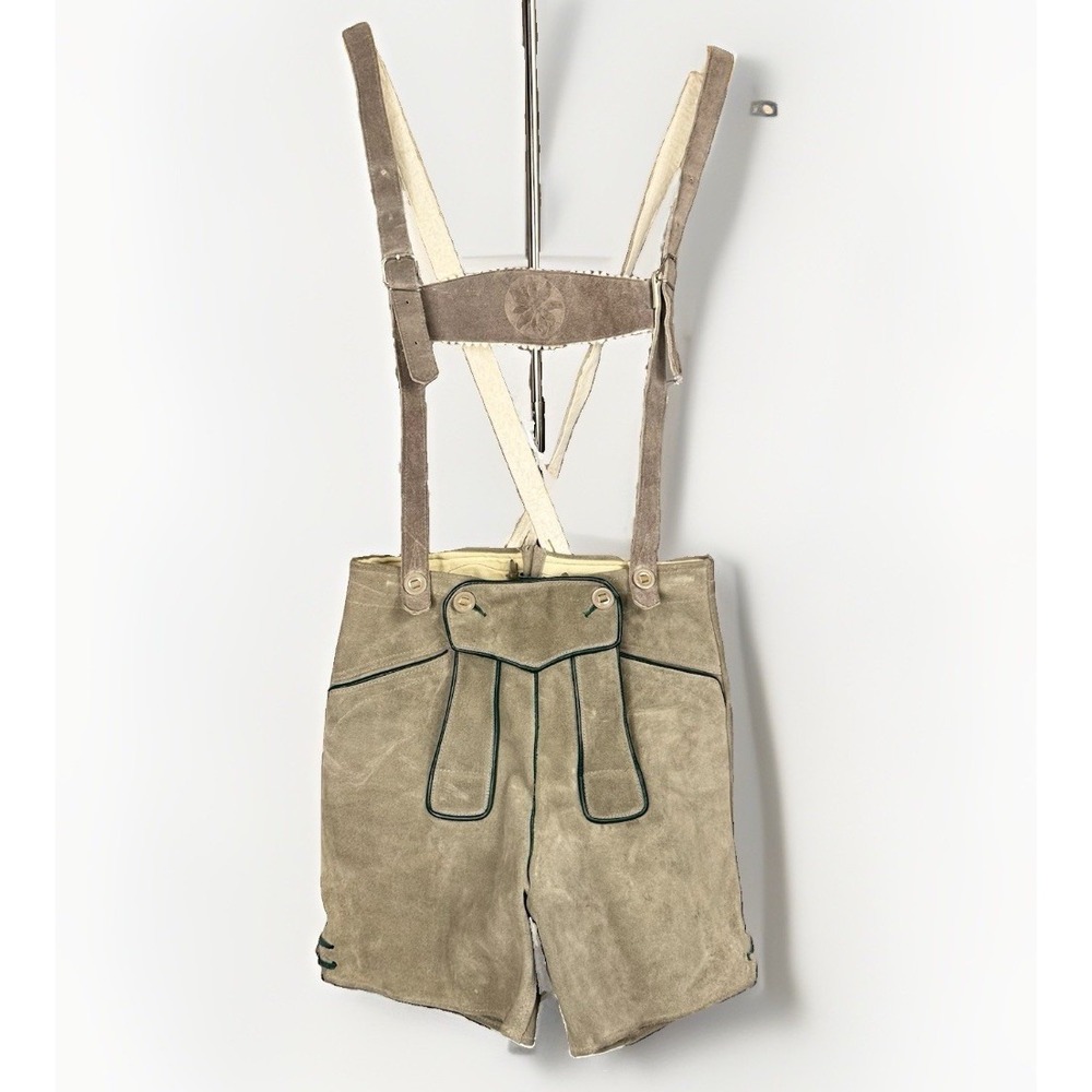 VTG Gray Suede Lederhosen Oktoberfest German Bavarian Suspender Shorts 26" Waist